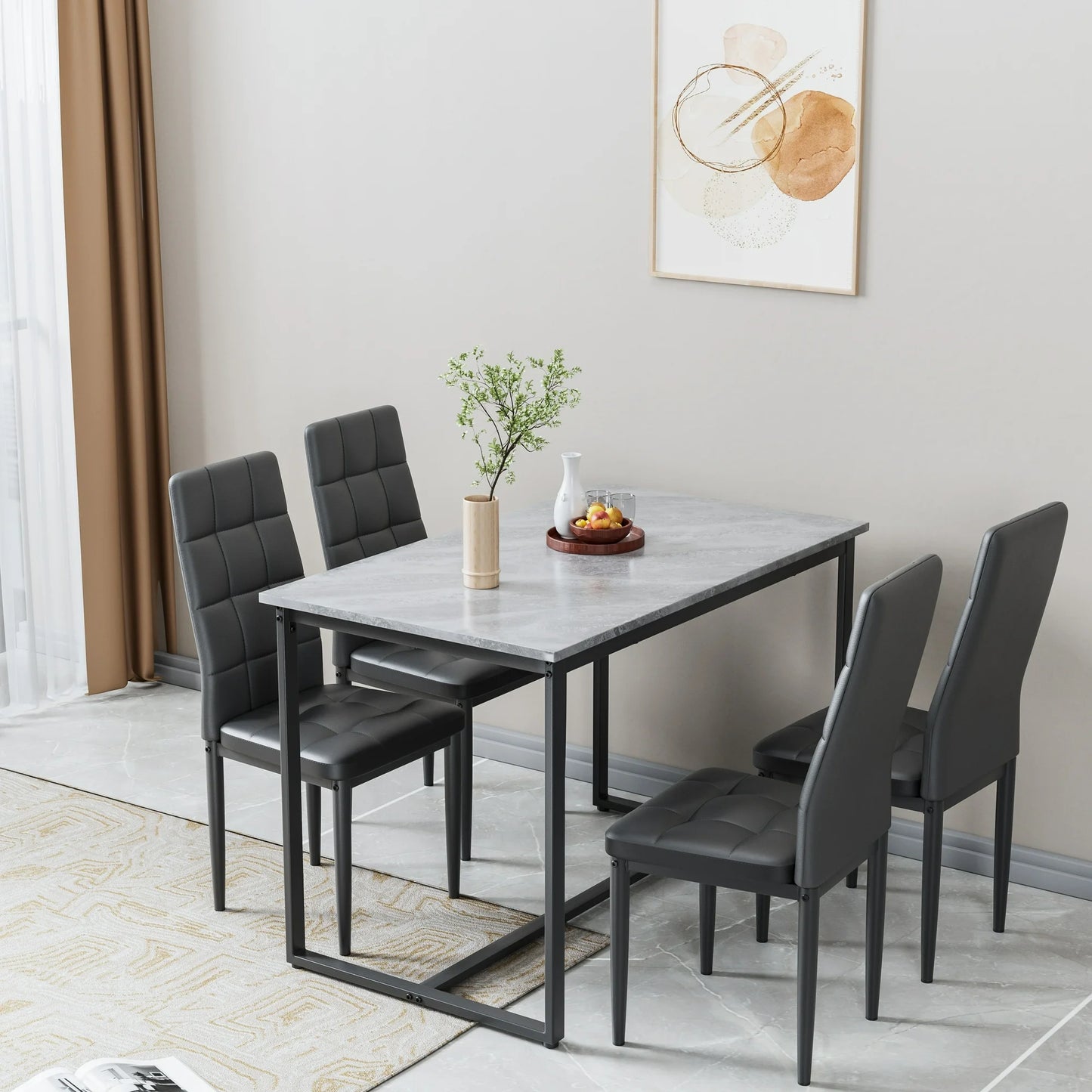 Dining Table with 4 High-back Upholstered Chairs, Modern Dinette Set, Faux Marble Dining Table and Chairs Set for 4 Persons, Small Home Kitchen Dining Table Set, Ideal for Apartment Breakfast Nook Bar