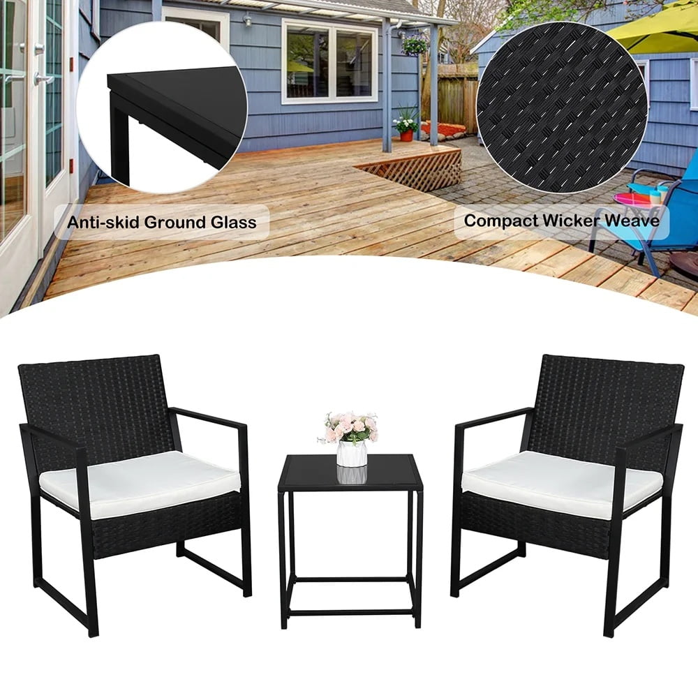 3 Pieces Patio Porch Furniture Sets, Outdoor PE Wicker Rattan Sectional Furniture Set with Removable Cushions & Coffee Table, 2 Armchairs, Conversation Set for Garden Lawn Pool Backyard, Black, S7604