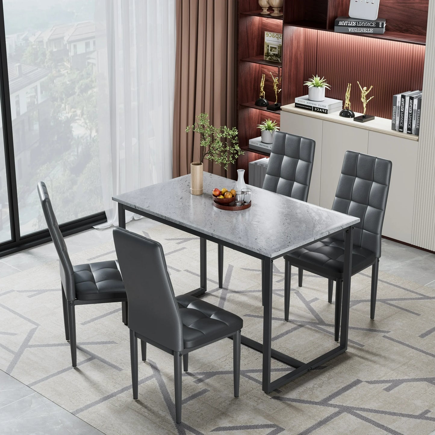Dining Table with 4 High-back Upholstered Chairs, Modern Dinette Set, Faux Marble Dining Table and Chairs Set for 4 Persons, Small Home Kitchen Dining Table Set, Ideal for Apartment Breakfast Nook Bar
