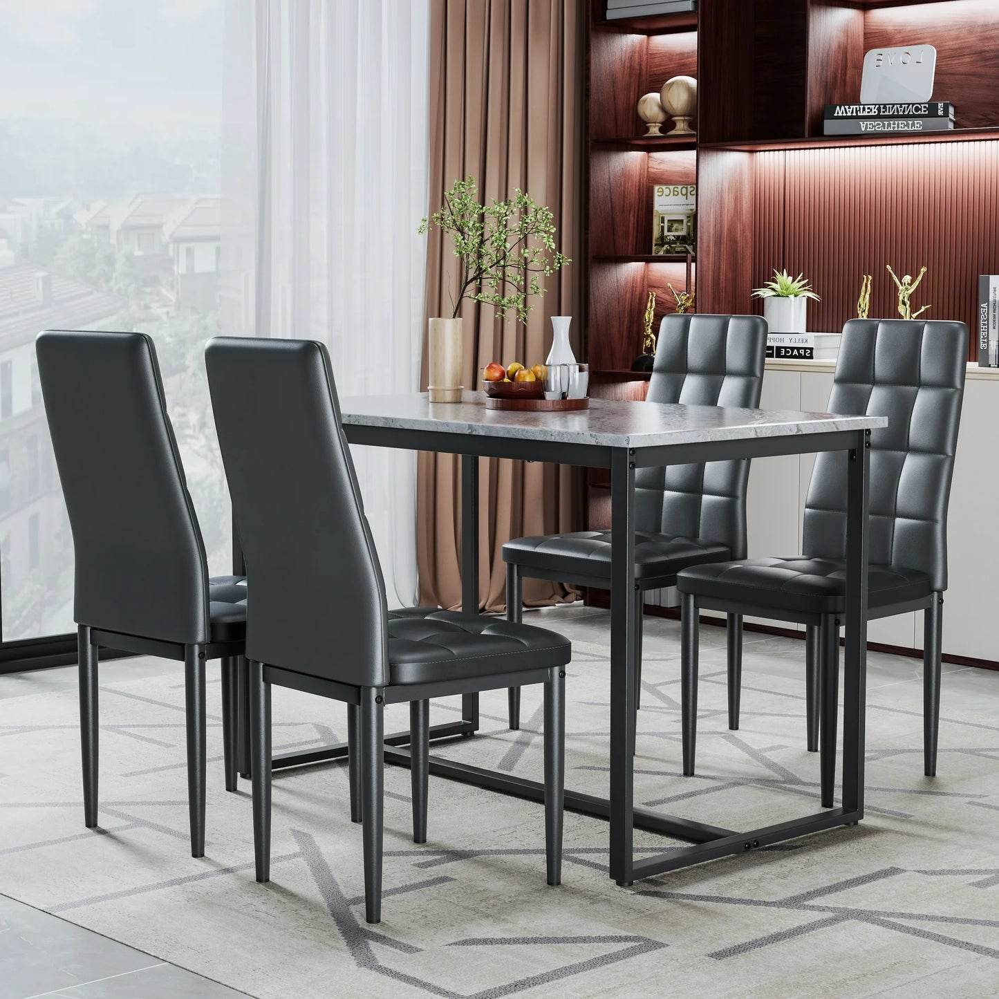 Dining Table with 4 High-back Upholstered Chairs, Modern Dinette Set, Faux Marble Dining Table and Chairs Set for 4 Persons, Small Home Kitchen Dining Table Set, Ideal for Apartment Breakfast Nook Bar