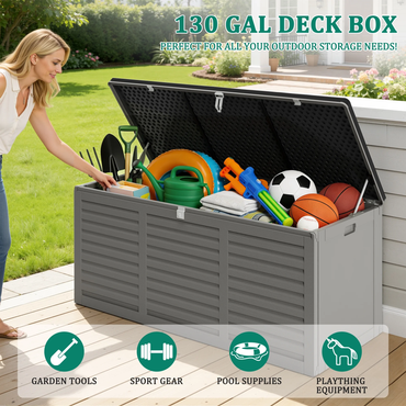 Segmart 130 Gallon Resin Deck Box with Lockable Lid, Waterproof Outdoor Storage Box, Gray