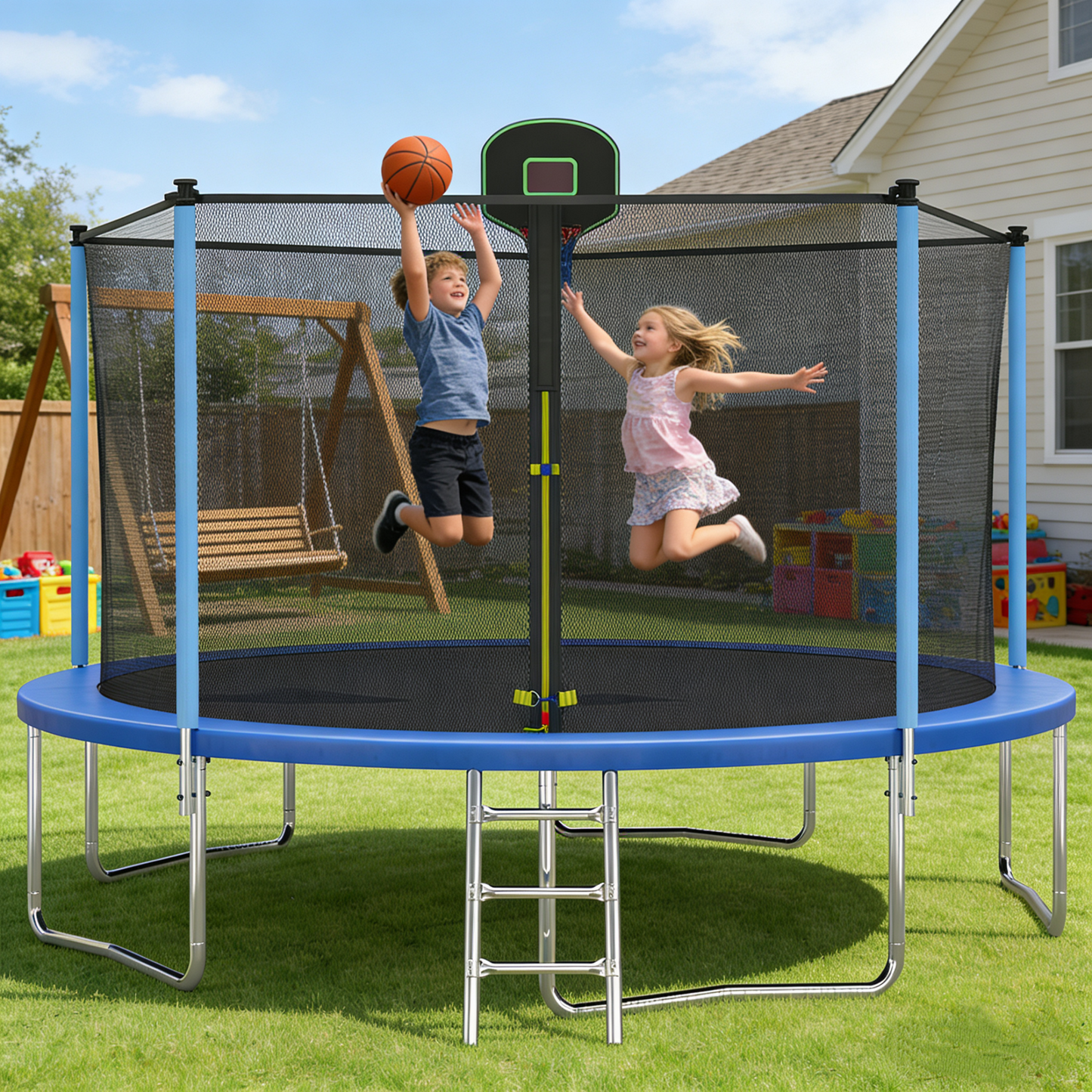 14ft Trampoline with Basketball Hoop, SEGMART Upgraded Round Kids Outdoor Trampoline with Enclosure, Heavy-Duty Backyard Trampoline for Adults and Kids, Blue