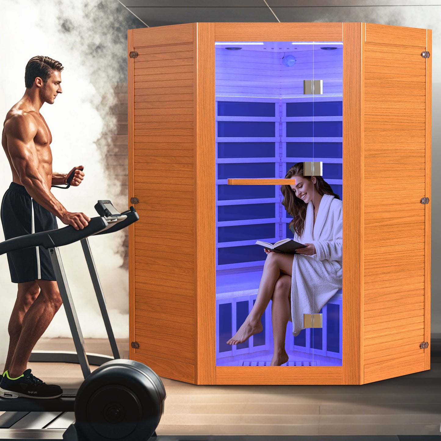 Segmart 2-3 Person Home Sauna, Far Infrared Sauna, 2100W Low EMF Infrared Hemlock Wood Sauna with Tablet Stand, Cup Holder, Bluetooth Speakers, 7 Color Ambient LED Strips