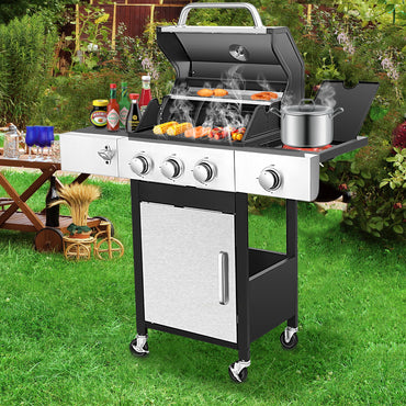 3-Burner Gas Grill with Side Burner, 37230 BTU Propane BBQ Grill with Porcelain-Enameled Cast Iron Grates, Build in Thermometer, Ideal for Patio Camping Outdoor Cooking