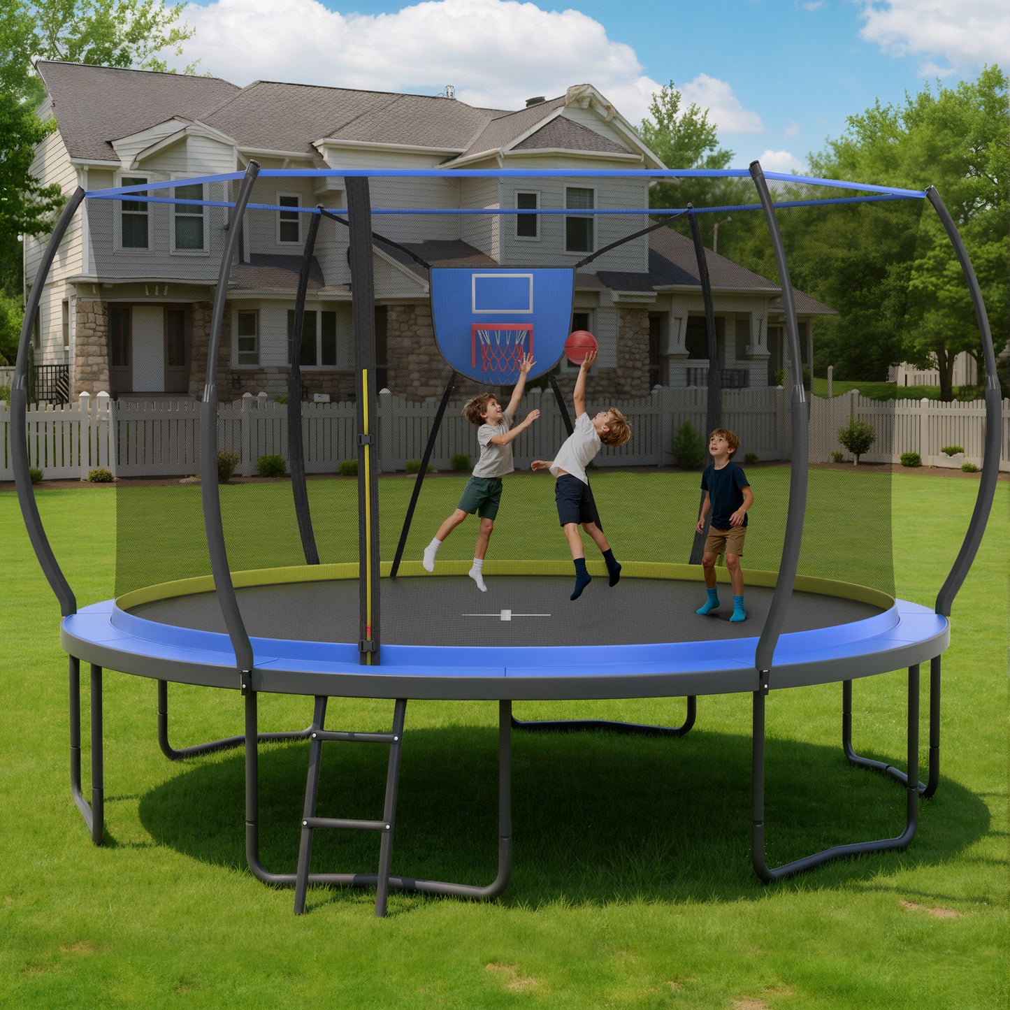 14FT Trampoline with Enclosure for Kids Adults, Outdoor Pumpkin Round Recreational Trampoline with No-gap Design, Heavy Duty Backyard Trampoline with Curved Fiberglass Poles for Indoor Outdoor