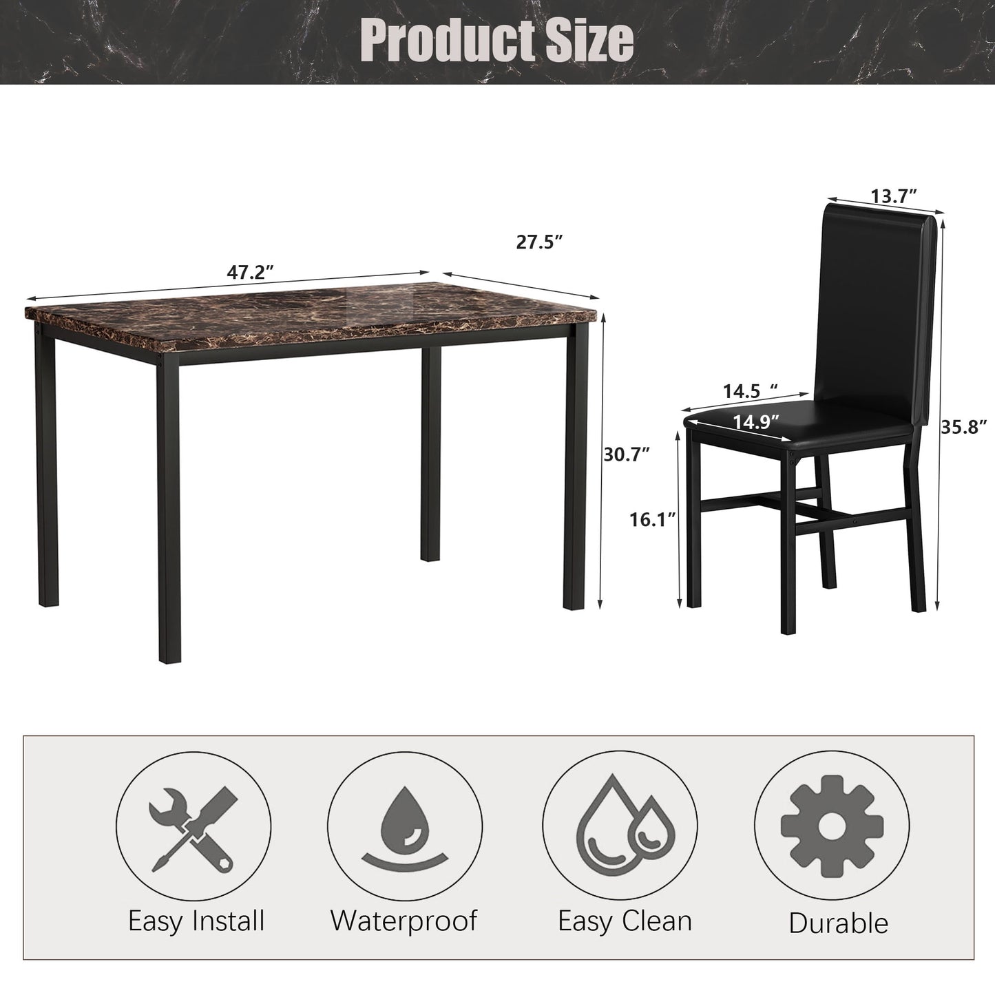 Kitchen Dining Table Set, Metal Kitchen Table Sets with 4 Chairs, Faux Marble Rectangular Breakfast Table w/Metal Legs & Black Finish Frame, Dining Table Sets for an Apartment Breakfast, SS1288