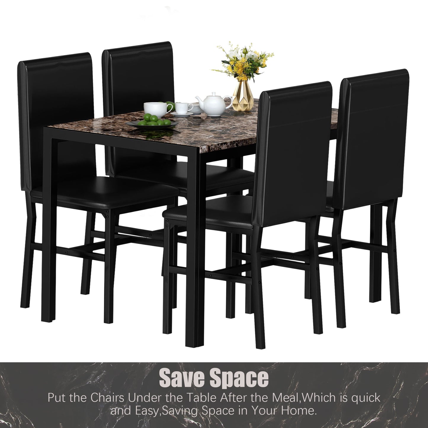 Kitchen Dining Table Set, Metal Kitchen Table Sets with 4 Chairs, Faux Marble Rectangular Breakfast Table w/Metal Legs & Black Finish Frame, Dining Table Sets for an Apartment Breakfast, SS1288
