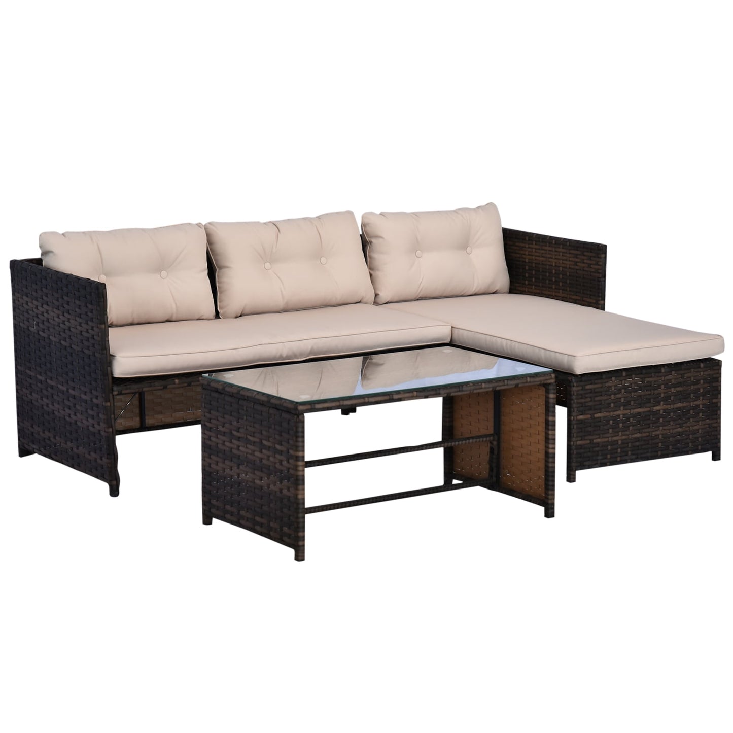4-Pieces Outdoor Wicker Sofa Set with Coffee Table, L-Shape Patio Furniture with Colorful Pillows, White Cushions and Brown Rattan, Weather-Resistant for Garden, Balcony, Backyard
