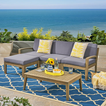 4-Pieces Outdoor Wicker Sofa Set with Coffee Table, L-Shape Patio Furniture with Colorful Pillows, White Cushions and Brown Rattan, Weather-Resistant for Garden, Balcony, Backyard