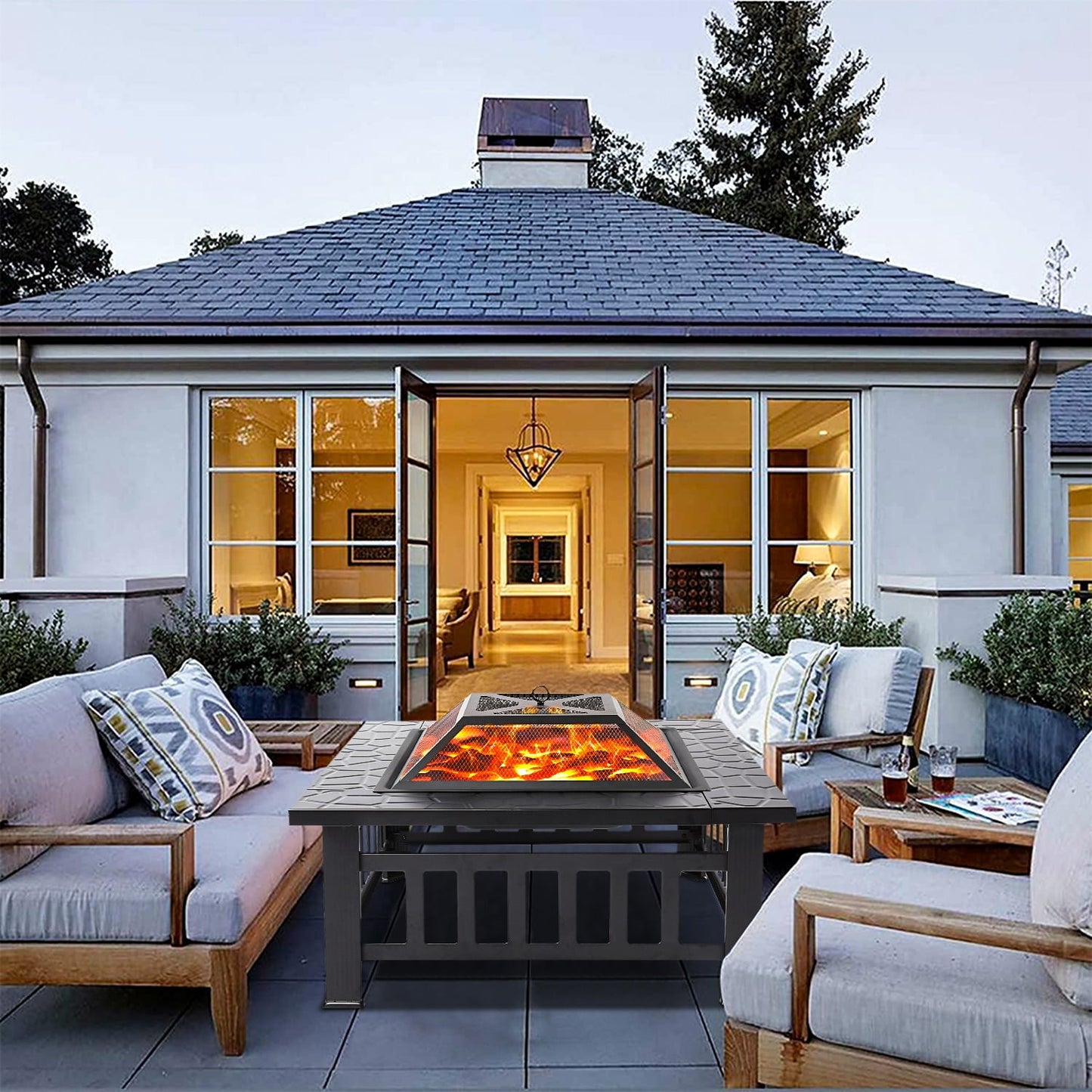 32" Deck Fire Pit for Outside, Premium Square Steel Fire Pit w/Mesh Screen Lid, Metal Fire Pit w/Poker, Multifunctional Heater/Grill/Ice Pit for Backyard Patio Garden BBQ Grill, S7044