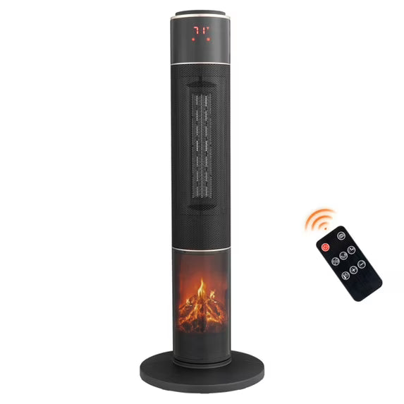 33-inch patio heater, tower space heater with 1500W portable heater, 60° oscillation, adjustable temperature/timer/display/remote control. Suitable for outdoors, indoors, offices. Black.