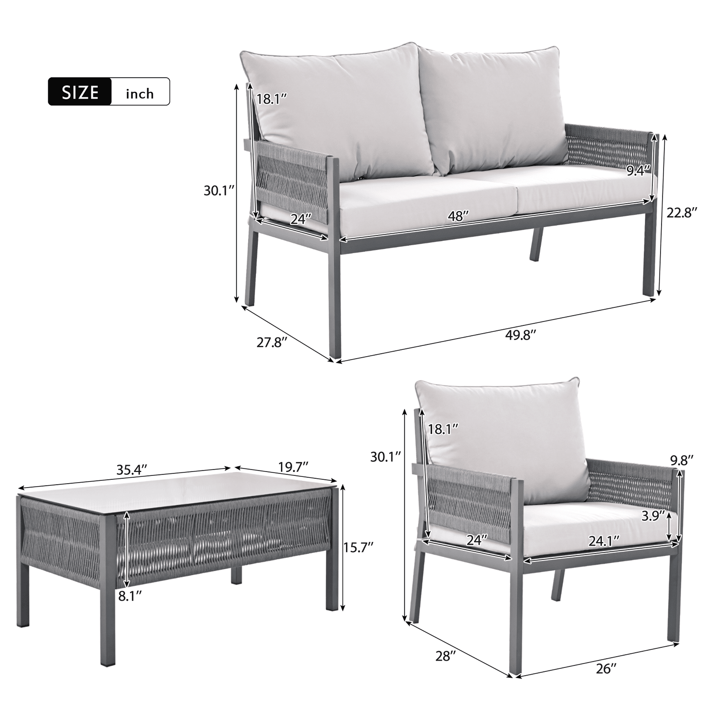 Segmart Wicker Patio Furniture Sets, 4PCS Outdoor Wicker Patio Sectional Sofa w/4 Padded Cushions, Tempered Glass Coffee Table, Armchair, Conversation Sets for Porch Backyard Garden, Beige