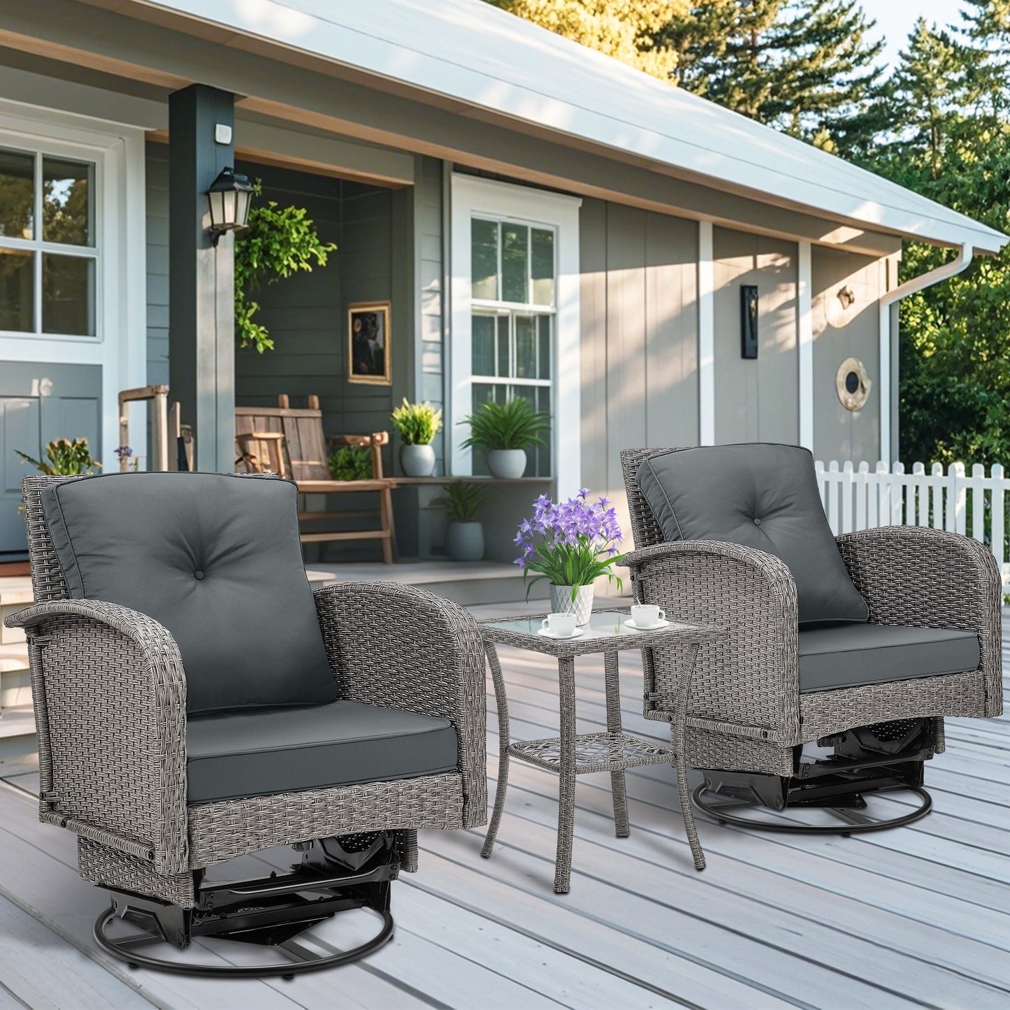 3PCS Patio Bar Rocking Furniture Sets, Outdoor Bistro Table and Swivel Chair Set for Poolside, Conversation Set w/ Table, 2 Rocking Chair, Removable Cushions, Max Weight 275lbs, Gray