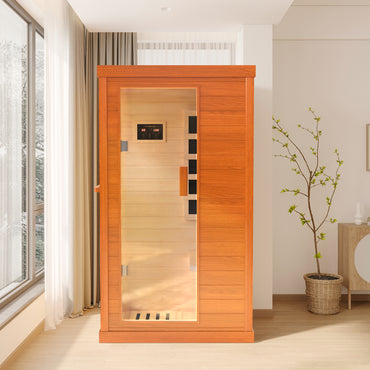 1 Person Infrared Sauna, Okoume Wood Far Infrared Saunas for Home, 9000watt Indoor Personal Sauna Room Box with Control Panel, Glass Door, Blue-Tooth