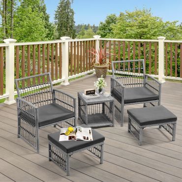 Outdoor Conversation Set of 5, Outdoor Patio Chair and Footstool Set with Cushions & 2-Tier Tea Table, All Weather Wicker Patio Furniture Set, Ideal for Patio Poolside Yard Deck Coffee Bar