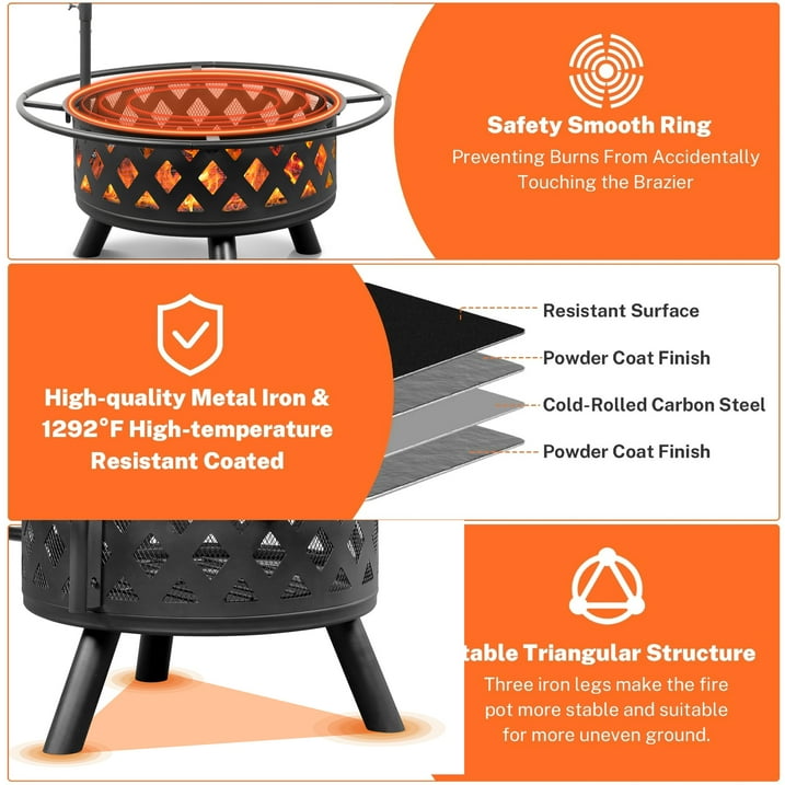 Segmart Fire Pit with Grill Grate, 30'' Outside Round Wood Burning Cooking Bonfire Firepit Bowl with Spark Screen, Diamond Vents Decor Firepit for Outdoor Backyard Garden Patio Bonfire BBQ, Black