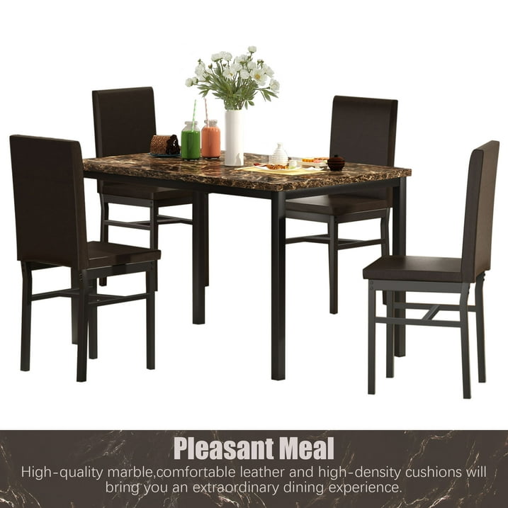 Kitchen Dining Table Set, Metal Kitchen Table Sets with 4 Chairs, Faux Marble Rectangular Breakfast Table w/Metal Legs & Black Finish Frame, Dining Table Sets for an Apartment Breakfast, S12528