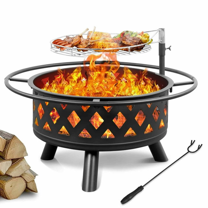 Segmart Fire Pit with Grill Grate, 30'' Outside Round Wood Burning Cooking Bonfire Firepit Bowl with Spark Screen, Diamond Vents Decor Firepit for Outdoor Backyard Garden Patio Bonfire BBQ, Black