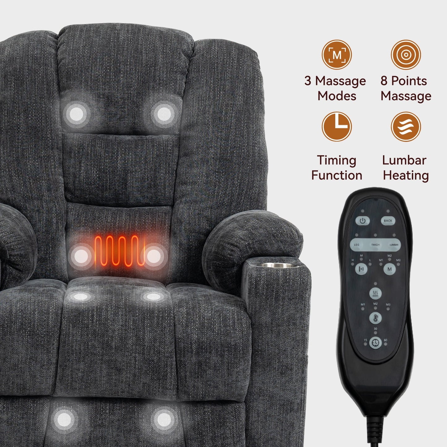 Power Lift Recliner Chair with Massage and Heat for Elderly, Segmart Overstuffed Wide Recliners, Heavy Duty Motion Mechanism with USB and Type C Ports, 2 Steel Cup Holders, Dark Gray