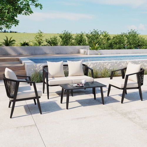 4 Piece Patio Furniture Set,Outdoor Wicker Desk Patio Bistro Furniture Set with 4 Cushions & Tempered Glass Coffee, Outdoor Conversation Sets for Backyard, Garden,Poolside,Balcony-Beige.