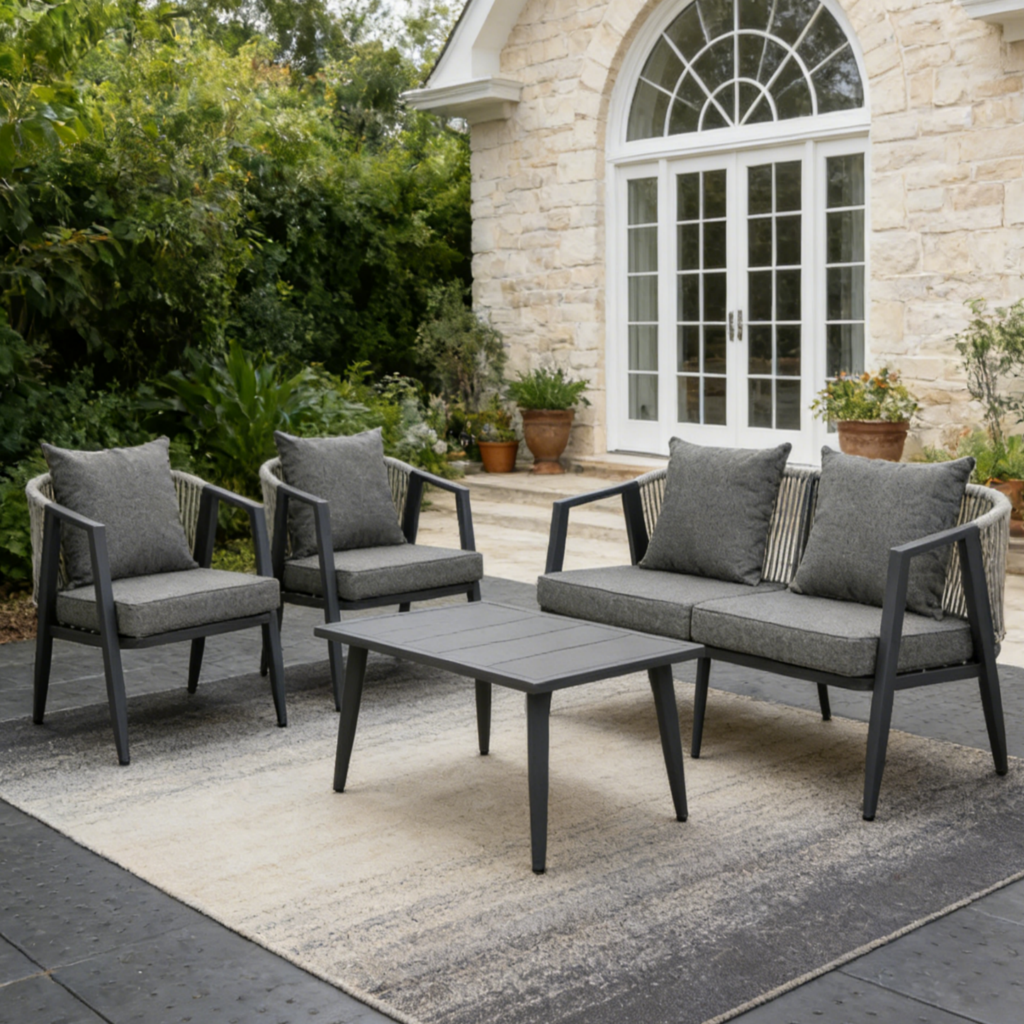 4 Piece Patio Furniture Set,Outdoor Wicker Desk Patio Bistro Furniture Set with 4 Cushions & Tempered Glass Coffee, Outdoor Conversation Sets for Backyard, Garden,Poolside,Balcony-Gray.