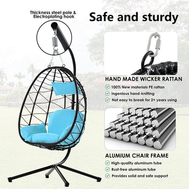 Outdoor Swinging Egg Chair, Patio Wicker Hanging Chairs with Stand, UV Resistant Hammock Chair with Comfortable Light Blue Cushion, Durable Indoor Swing Egg Chair for Garden, Backyard, L3937