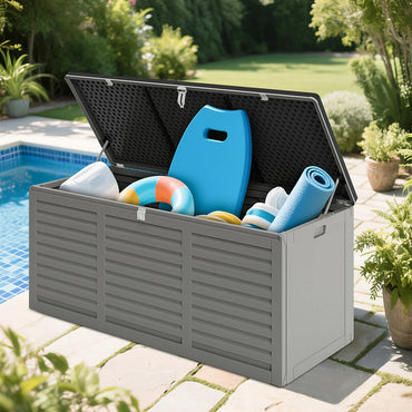 130 Gallon Resin Deck Box, Outdoor Lockable Storage Container for Patio Cushions, Garden Tools, Pool Supplies, Toys, Waterproof and UV Resistant, Gray