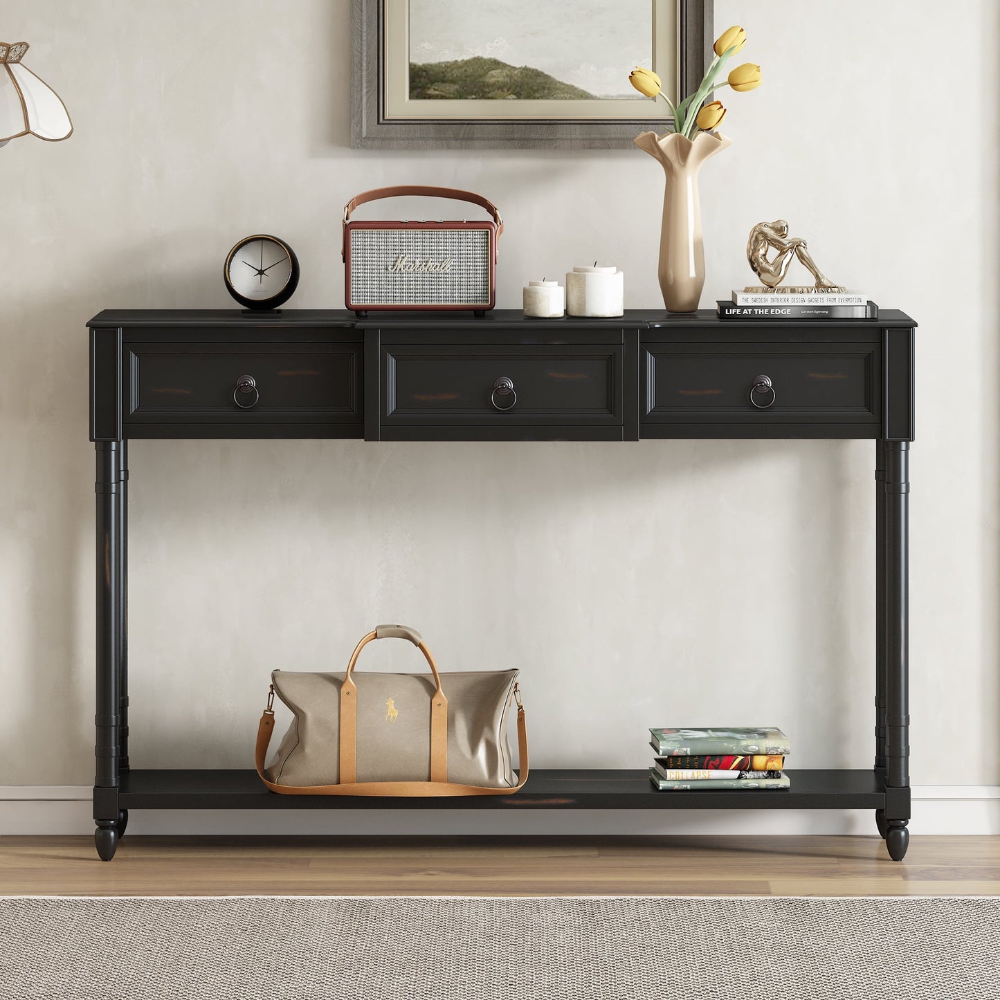 Segmart Black Console Sofa Table with 3 Drawers, Wood Buffet Sideboard Desk Bottom Shelf, Retro Tall Entryway Table MDF panel for Kitchen Dining Room Cupboard