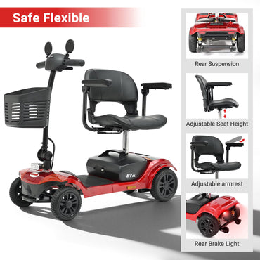 Segmart 4-Wheel Mobility Scooter for Seniors and Adults, Detachable Electric Scooter with Shock Absorption, 9-Inch Rear Wheels, 360° Swivel Seat, Electromagnetic Brake and LED Lights, Red