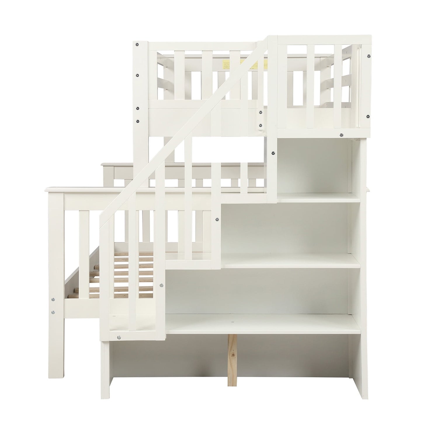 SEGMART Wood Bunk Beds , 76.97'' x 51.57'' Solid Wood Twin-Over-Full Bed, Sturdy Wood Twin-Over-Full Bunk Beds w/ 4 Storage Shelves, 4-Step Ladder, Full-Length Guardrails, 250lbs, S1914