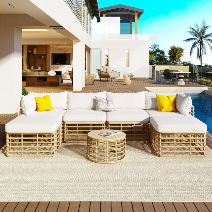 7 Pieces Patio Furniture Set, Wicker Sectional Table and Chairs Sets, Patio Conversation Set with Sectional Chaise Longue, Coffee Table, Suitable for Porch Backyard Garden, Beige
