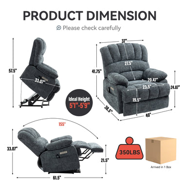 Extra Wide Power Lift Recliner Chair for Elderly, Oversized Chenille Lift Chair with 8-Point Massage & Lumbar Heat, USB Charging Port, Side Pockets, 350 lbs Capacity