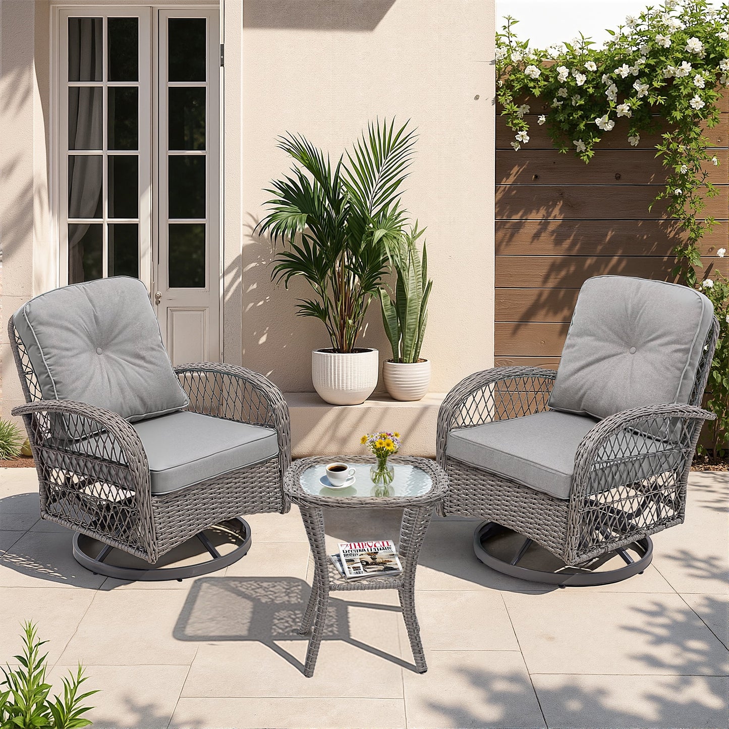 Patio Swivel Rocker Bistro Set, 3 Piece 360° Rocking Patio Conversation Set with Thickened Cushions, 2 Patio Swivel Rocking Chairs with 1 Glass Top Table, for Garden Yard Balcony Pool Cafe (Gray)