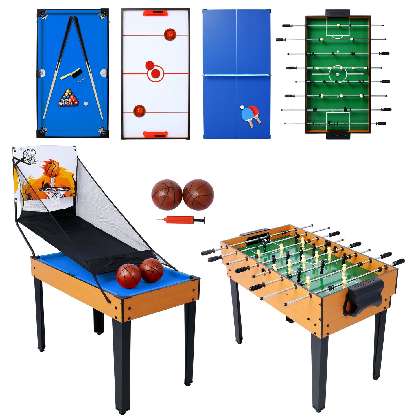 5-in-1 Multi-Game Table for Home - Billiards, Foosball, Ping Pong, Push Hockey & Basketball,All-in-One Indoor Sports Center for Family Game Room