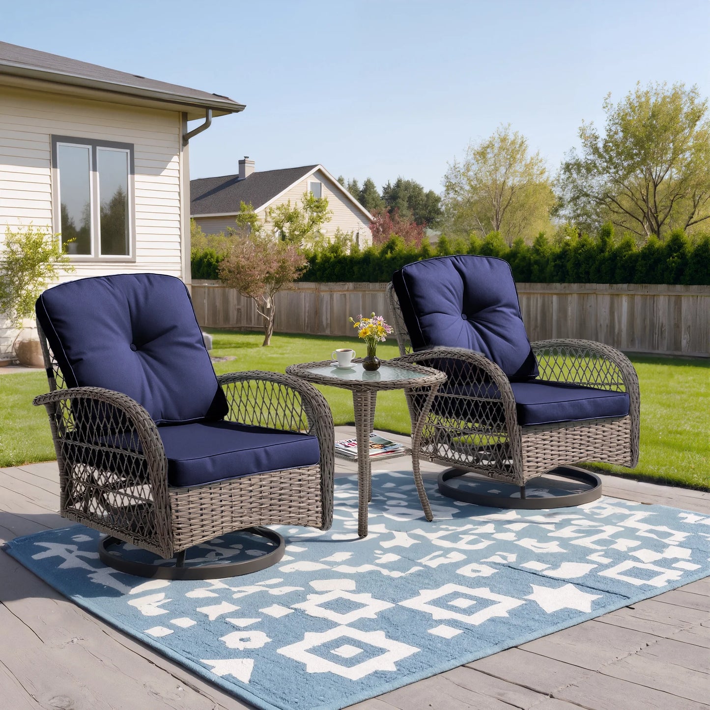Patio Swivel Rocker Bistro Set, 3 Piece 360° Rocking Patio Conversation Set with Thickened Cushions, 2 Patio Swivel Rocking Chairs with 1 Glass Top Table, for Garden Yard Balcony Pool Cafe (Gray)