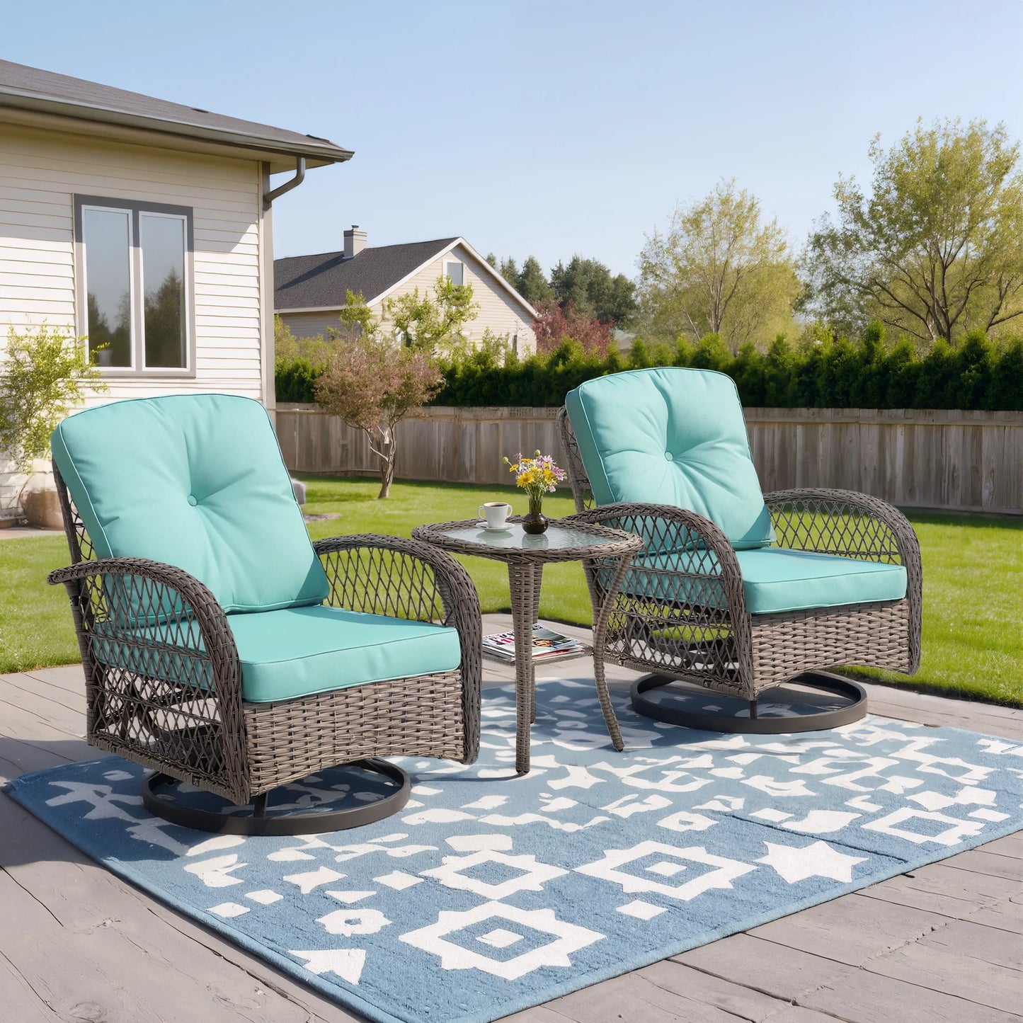 Patio Swivel Rocker Bistro Set, 3 Piece 360° Rocking Patio Conversation Set with Thickened Cushions, 2 Patio Swivel Rocking Chairs with 1 Glass Top Table, for Garden Yard Balcony Pool Cafe (Gray)