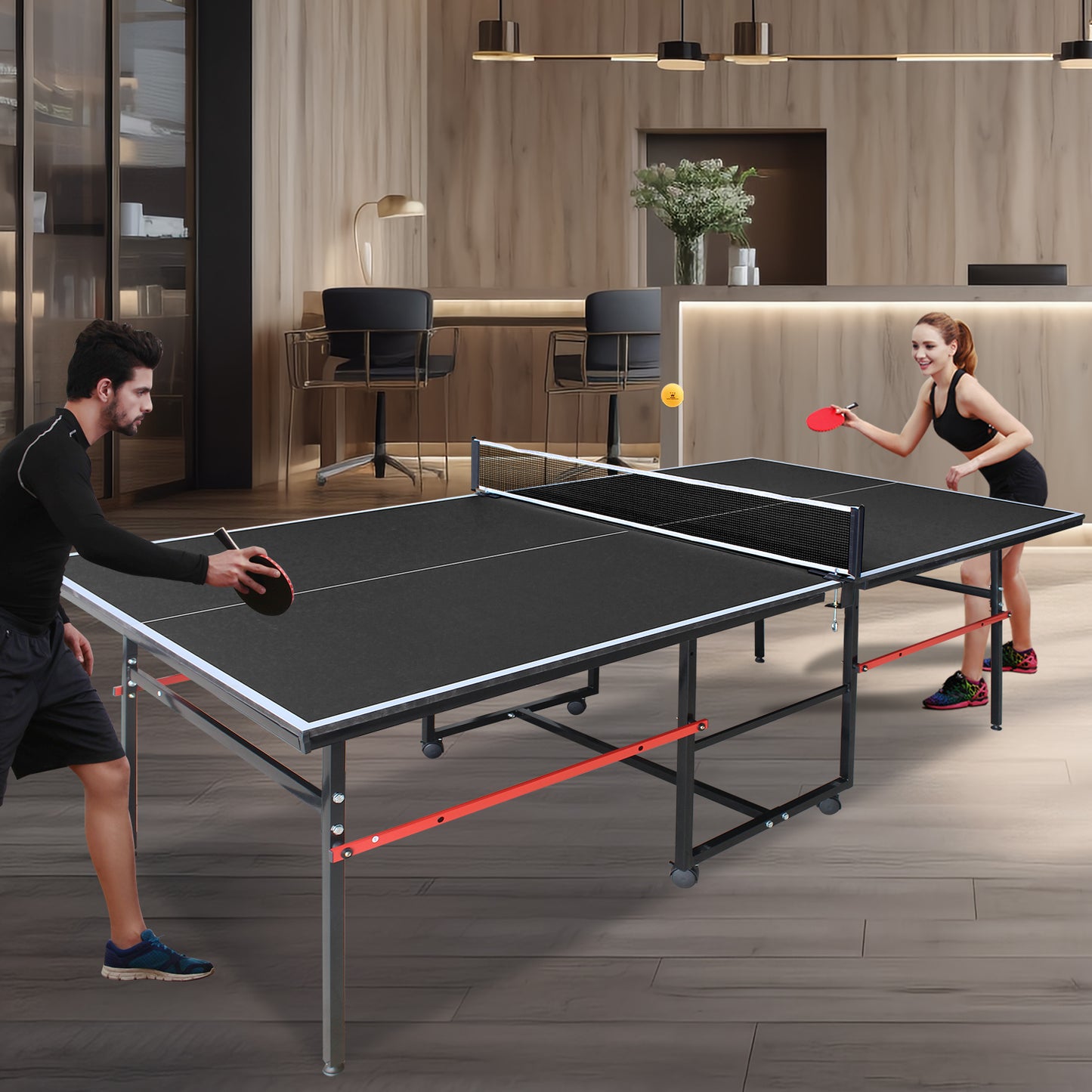 Mid-Size Table Tennis Table, SEGMART 8FT Foldable Outdoor Ping Pong Table with Net, 2 Table Tennis Paddles and 3 Balls, Portable Table Tennis Game Set for Indoor Outdoor, Black