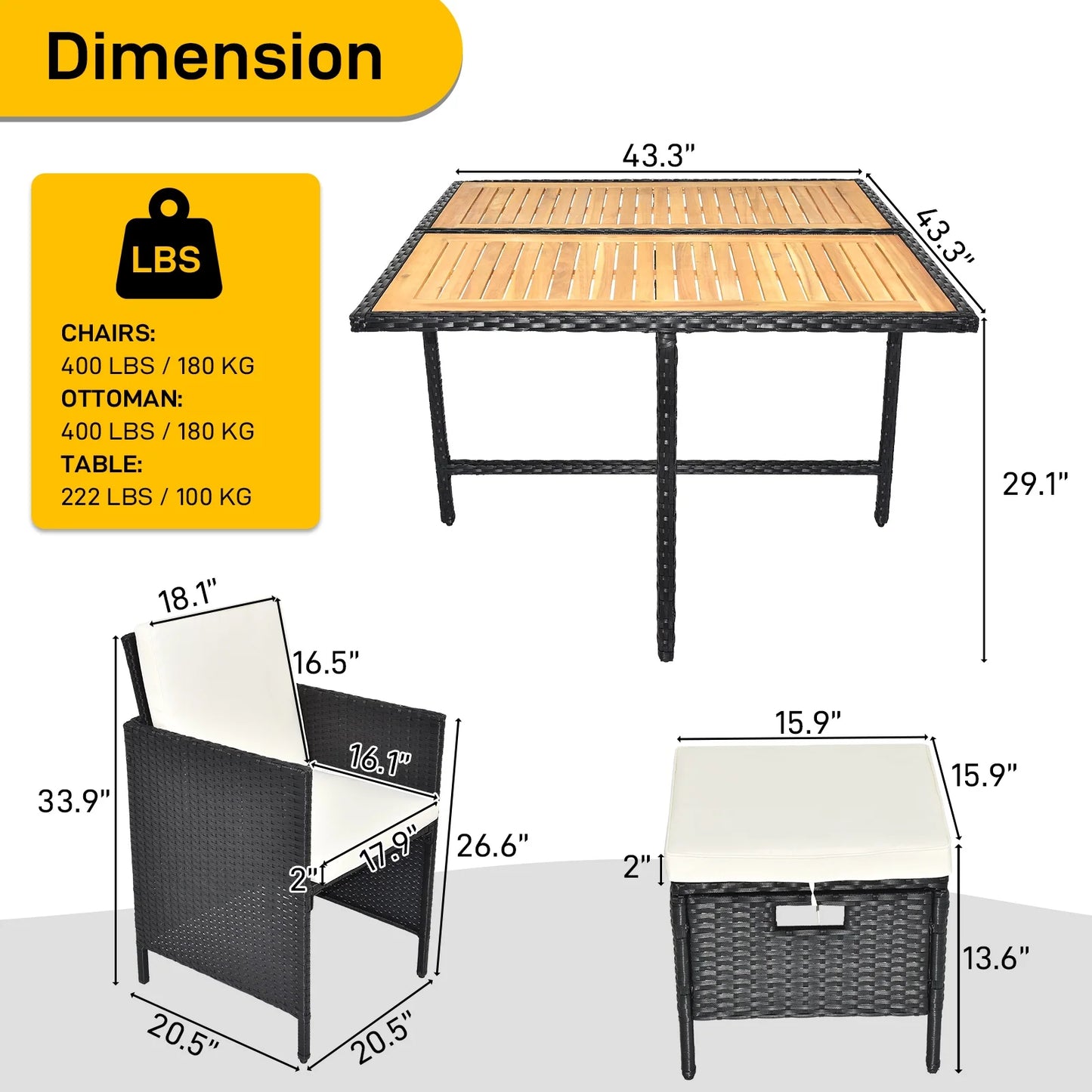 9 Piece Patio Furniture Dining Set, Outdoor Rattan Wicker Patio Dining Table Set, All-Weather Conversation Set, Cushioned Sectional Chair Set with Ottoman & Table for Deck Garden Patio Balcony
