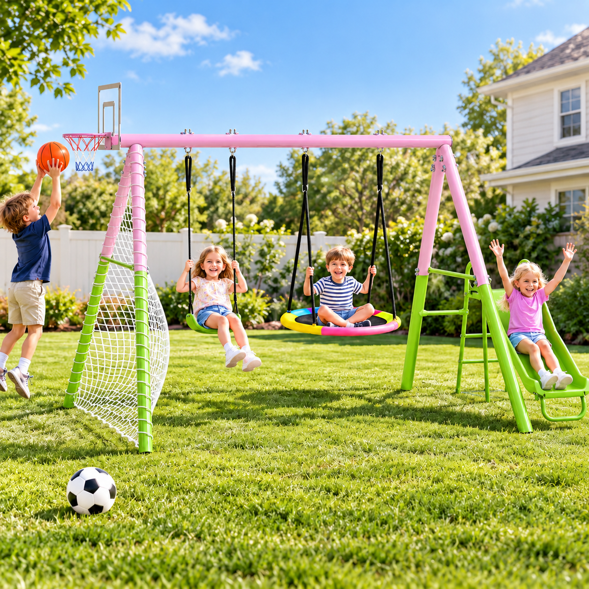 Metal Swing Sets for Backyard with 3 Seats, SEGMART Heavy Duty Kids Swingset with Slide, Saucer Swing, Belt Swing, Basketball Hoop, Soccer Net, Playground Sets for Backyards, 440 LBS Weight Capacity