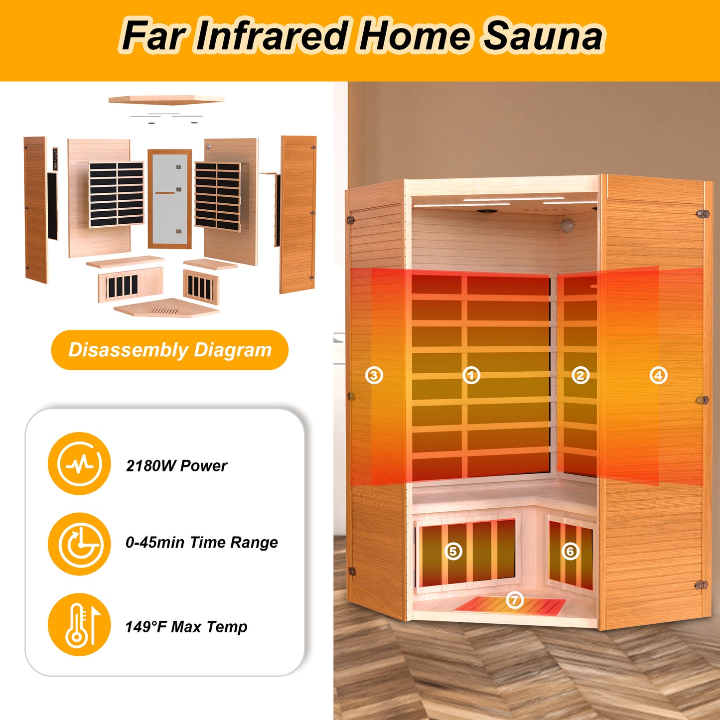Segmart 2-3 Person Home Sauna, Far Infrared Sauna, 2100W Low EMF Infrared Hemlock Wood Sauna with Tablet Stand, Cup Holder, Bluetooth Speakers, 7 Color Ambient LED Strips