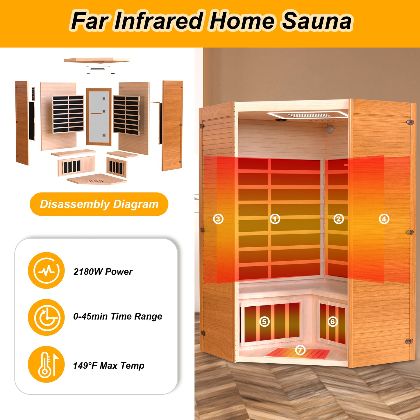 Segmart 2-3 Person Home Sauna, Far Infrared Sauna, 2180W Low EMF Infrared Hemlock Wood Sauna with Tablet Stand, Cup Holder, Bluetooth Speakers, 7 Color Ambient LED Strips & Beauty Light