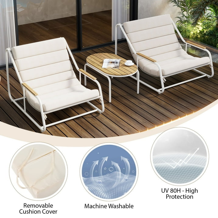 Outdoor Chaise Lounge Chairs Set of 3, Segmart Patio Chaise Lounge Chair with Acacia Side Table, Pool Lounge Chairs for Lawn, Deck, Beach, Max Weight 400 lbs, Beige & White