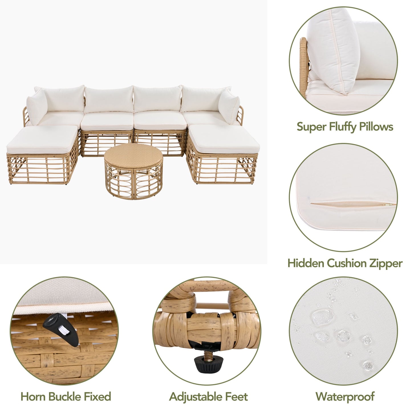 7 Pieces Patio Furniture Set, Wicker Sectional Table and Chairs Sets, Patio Conversation Set with Sectional Chaise Longue, Coffee Table, Suitable for Porch Backyard Garden, Beige