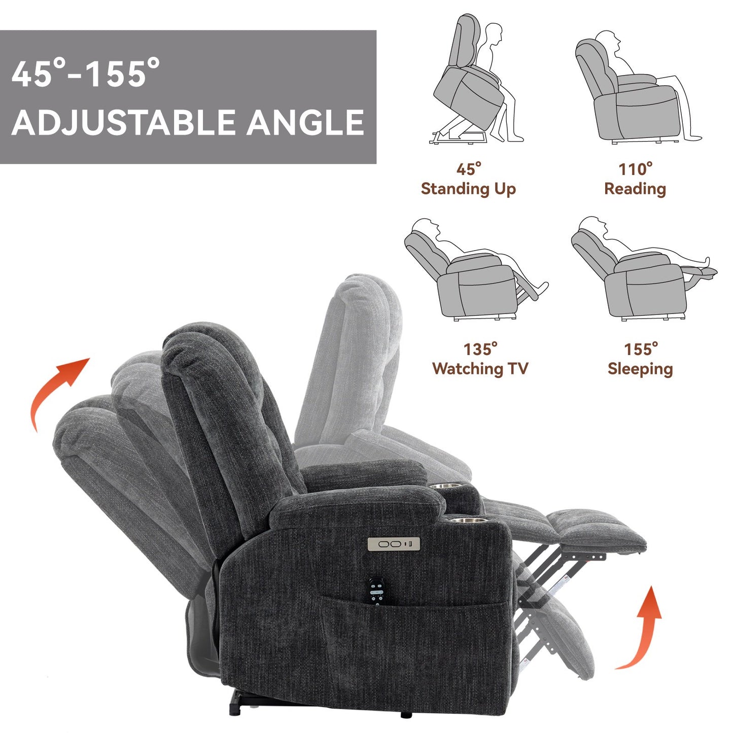 Power Lift Recliner Chair with Massage and Heat for Elderly, Segmart Overstuffed Wide Recliners, Heavy Duty Motion Mechanism with USB and Type C Ports, 2 Steel Cup Holders, Dark Gray