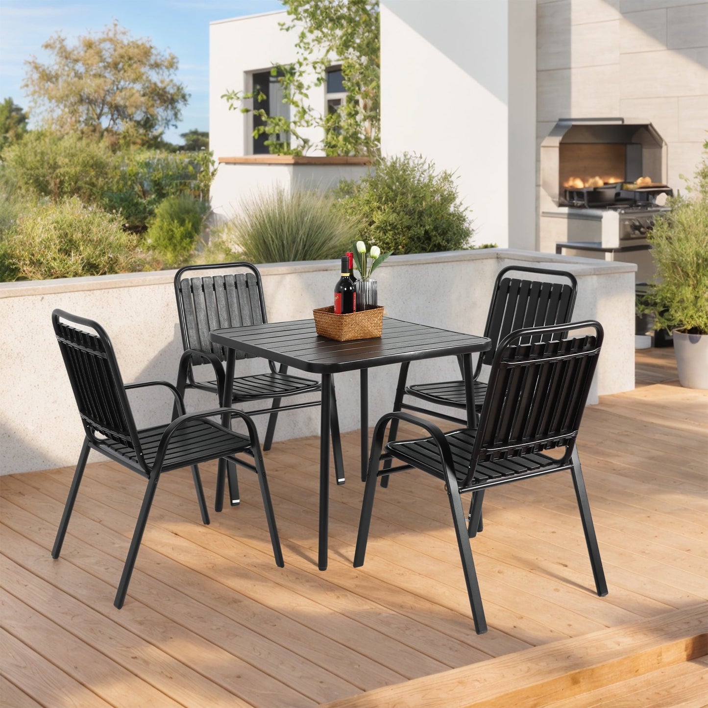 5-Piece Outdoor Dining Set with Steel Table & Plastic Chairs, Black Patio Furniture for Garden, Patio, Backyard, Balcony