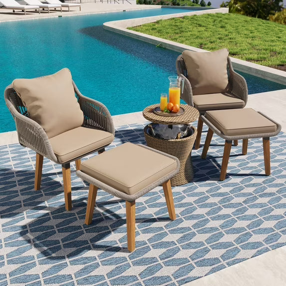5 Piece Wicker Patio Furniture Set, Rattan Patio Chair Set with Ottoman and Wicker Cool Bar Table, Outdoor Furniture Set with Gray Seat Cushion for Garden, Backyard, Porch, Balcony, All Weather,Brown