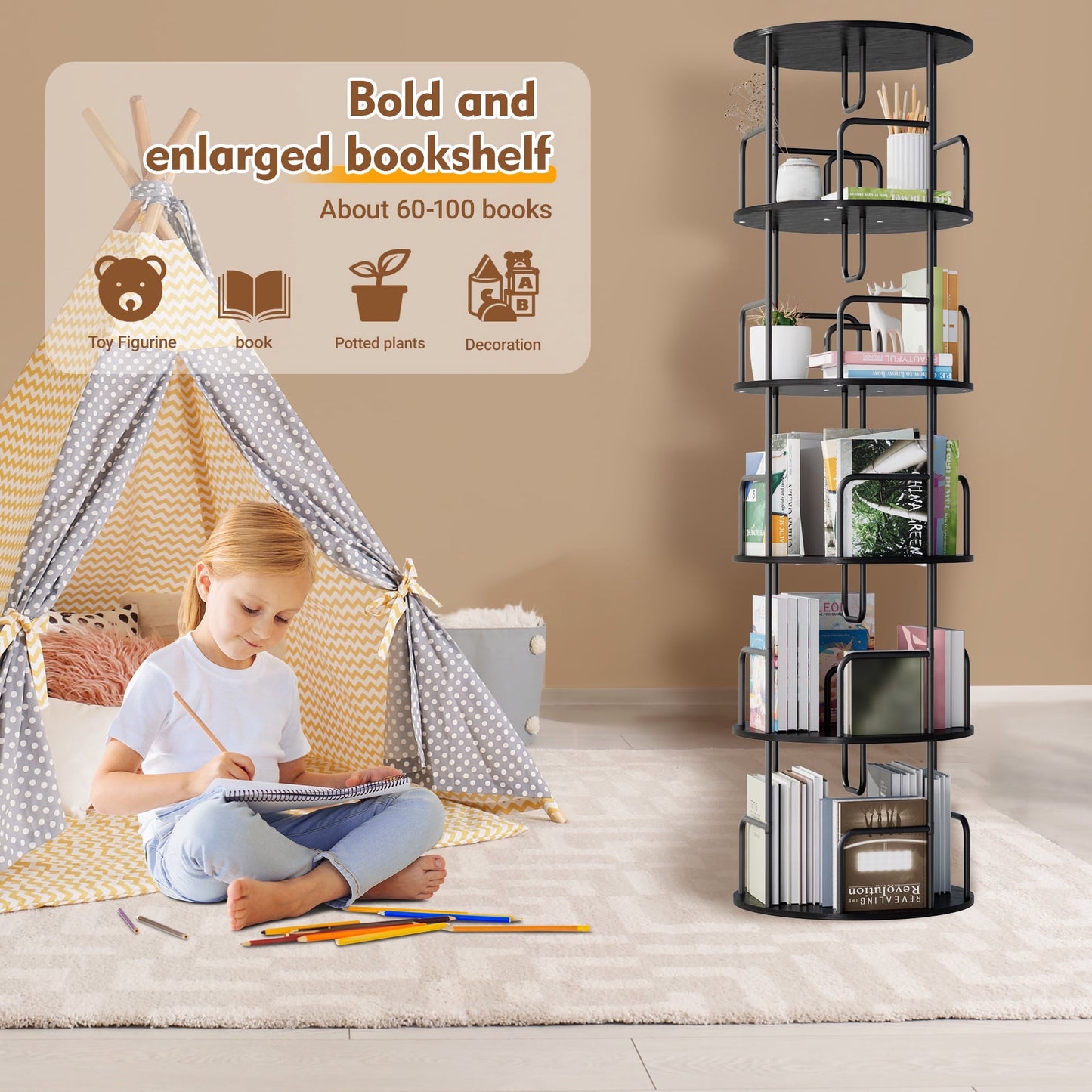 5-Tier Rotating Bookshelf Tower, 360° Spinning Bookcase with Narrow Tall Design, Vertical Revolving Storage Shelf, MDF+Iron Frame, Space-Saving Organizer for Bedroom, Living Room, Home Office