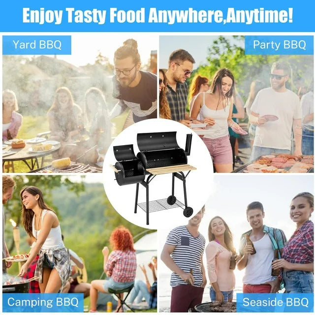 Segmart BBQ Charcoal Grill, 45.28-inch Length Portable Barbecue Grill, Offset Smoker Barbecue Oven with Wheels & Thermometer for Outdoor Picnic Camping Patio Backyard