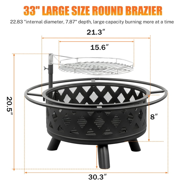 Segmart Fire Pit with Grill Grate, 30'' Outside Round Wood Burning Cooking Bonfire Firepit Bowl with Spark Screen, Diamond Vents Decor Firepit for Outdoor Backyard Garden Patio Bonfire BBQ, Black