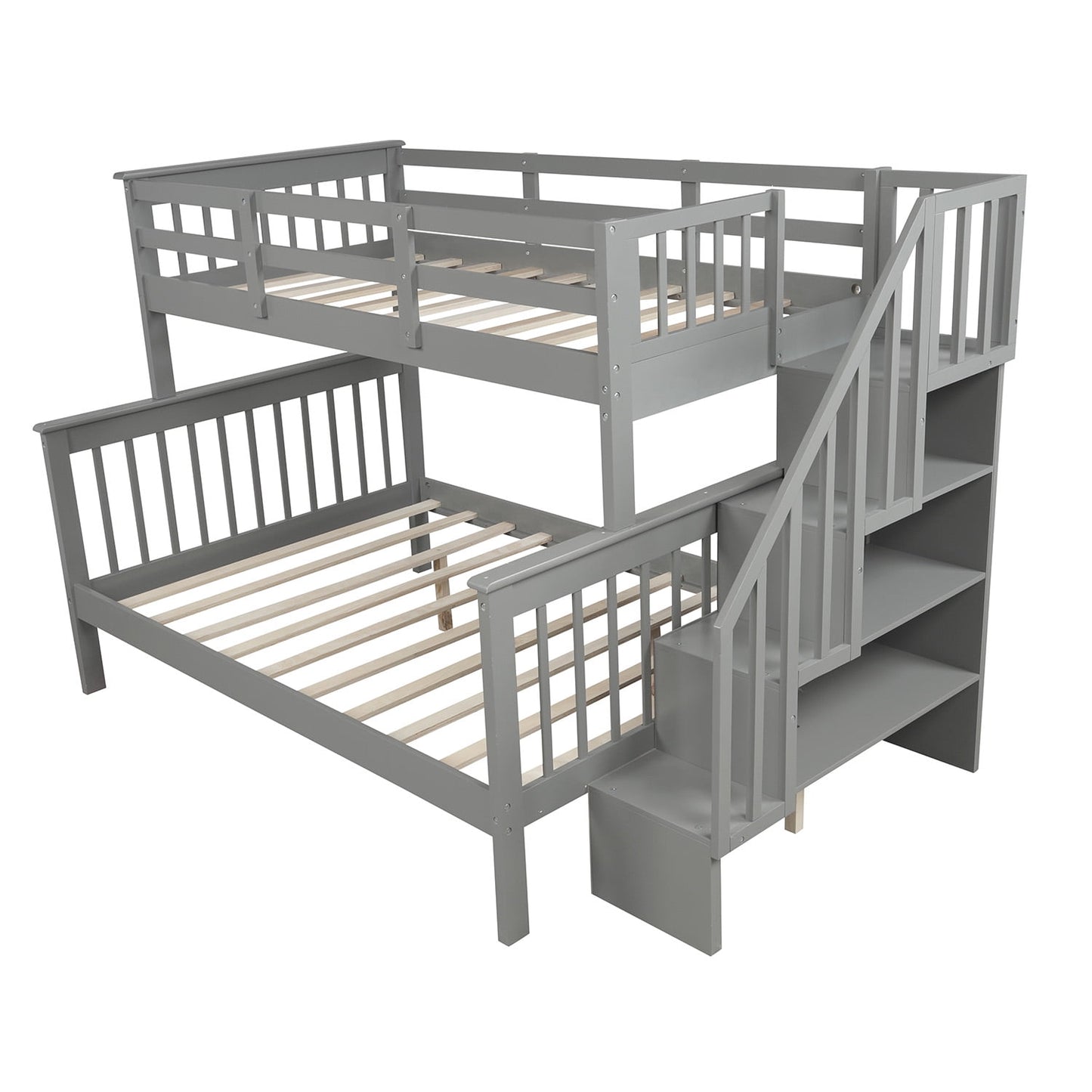 SEGMART Wood Bunk Beds , 76.97'' x 51.57'' Solid Wood Twin-Over-Full Bed, Sturdy Wood Twin-Over-Full Bunk Beds w/ 4 Storage Shelves, 4-Step Ladder, Full-Length Guardrails, 250lbs, SS665